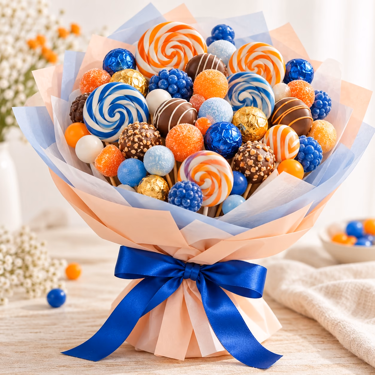 Süssigkeiten-Bouquet mit Lollis und Schokolade