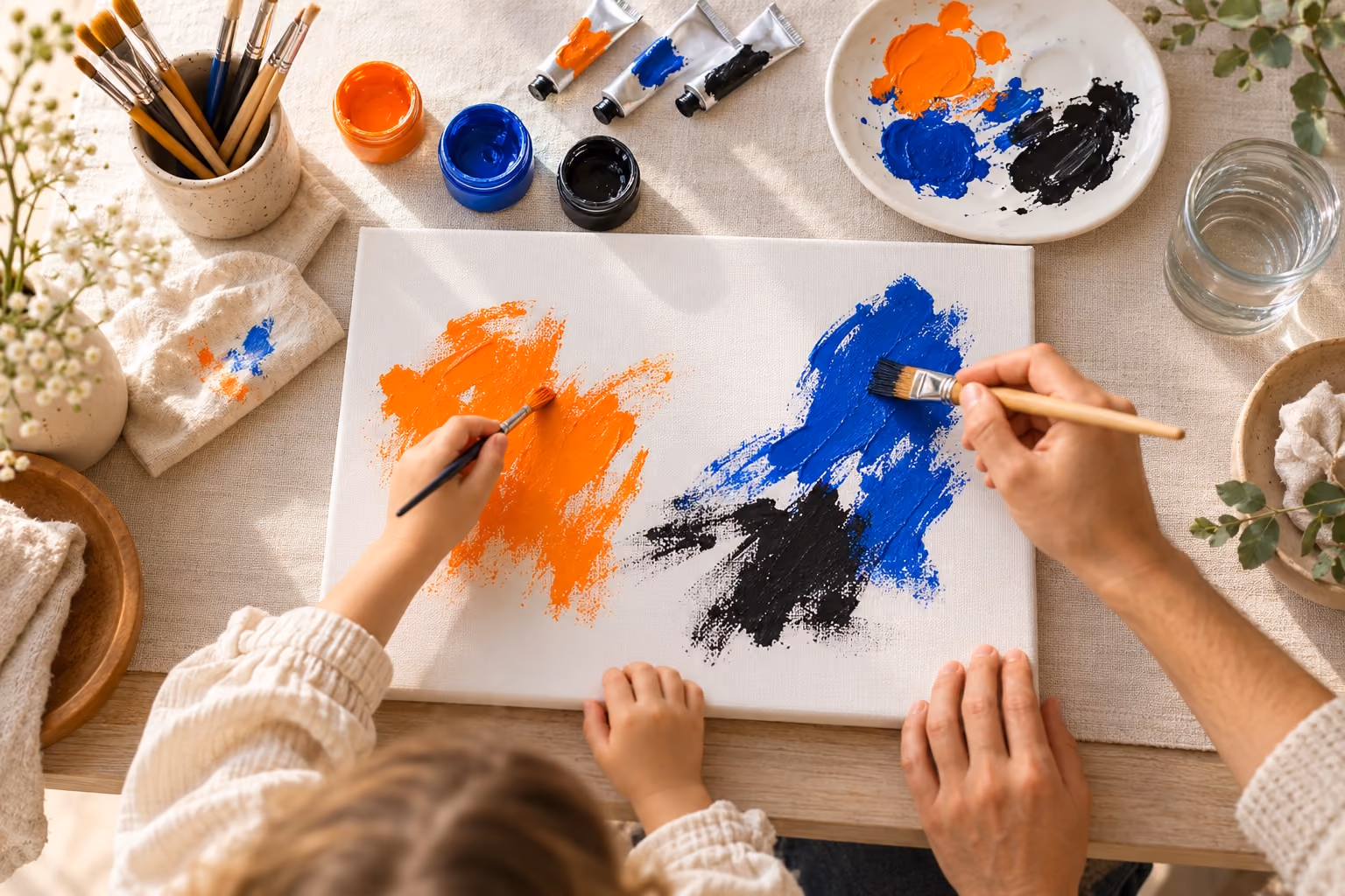 Familie malt gemeinsam auf einer Leinwand mit Farben in Orange, Schwarz und Blau