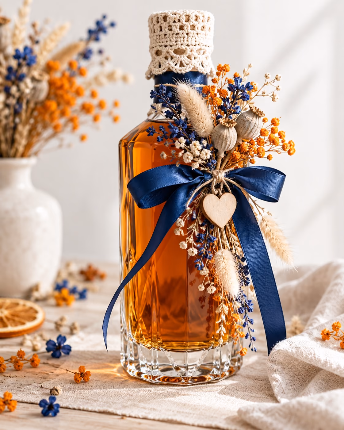 Spirituosenflasche, verziert mit Trockenblumen, Satinband und gehäkeltem Aufstecker