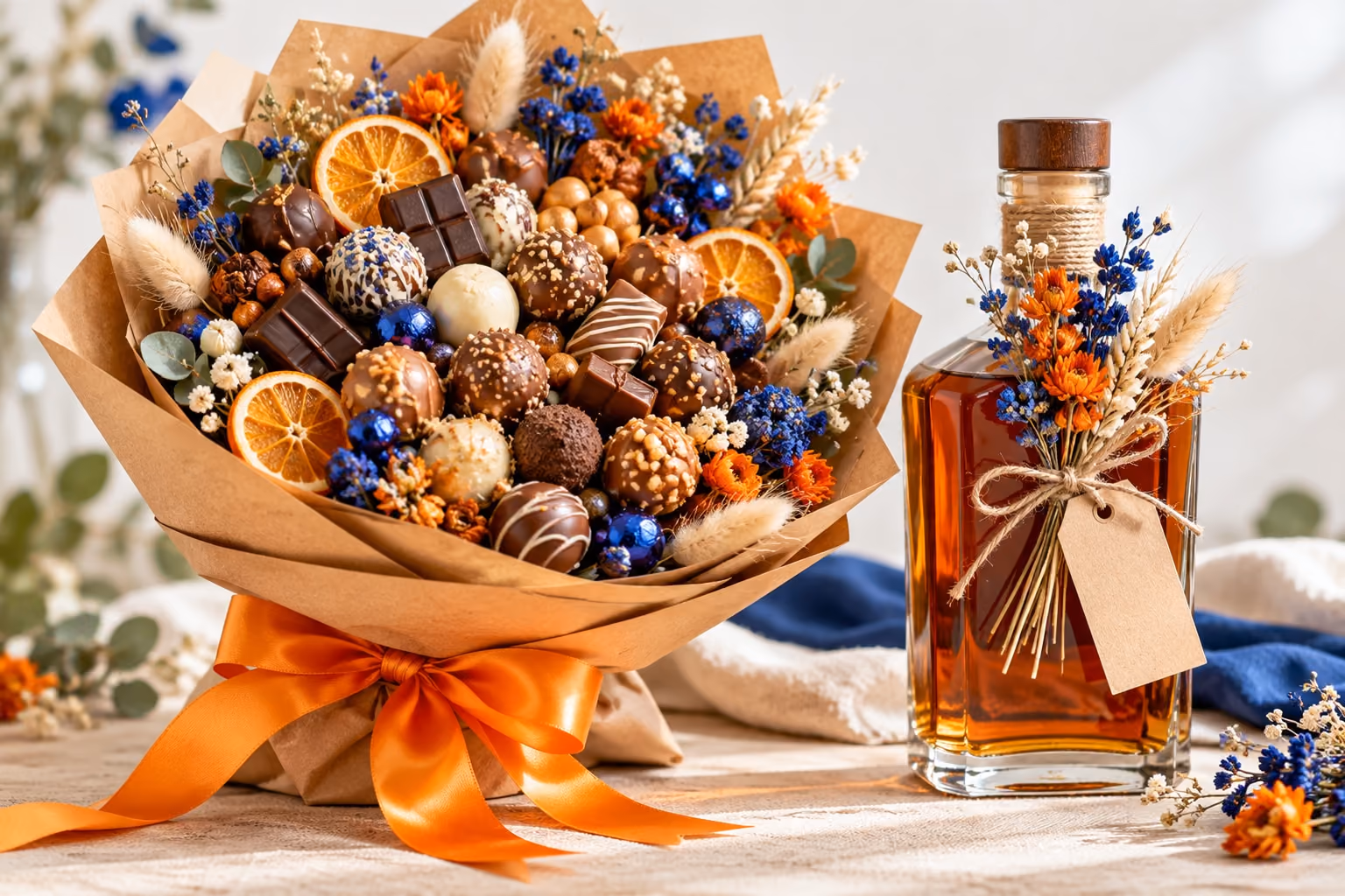 Handgemachtes Schokoladen-Bouquet in Kraftpapier mit oranger Schleife neben einer mit Trockenblumen verzierten Flasche