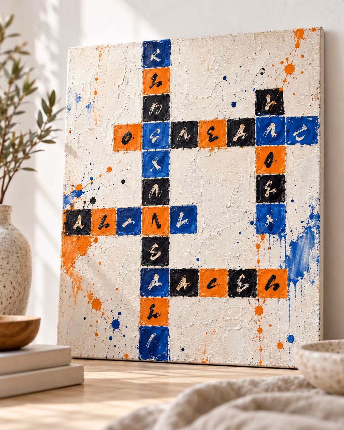 Leinwand mit Namen im Kreuzworträtsel-Stil in Schwarz, Orange und Blau