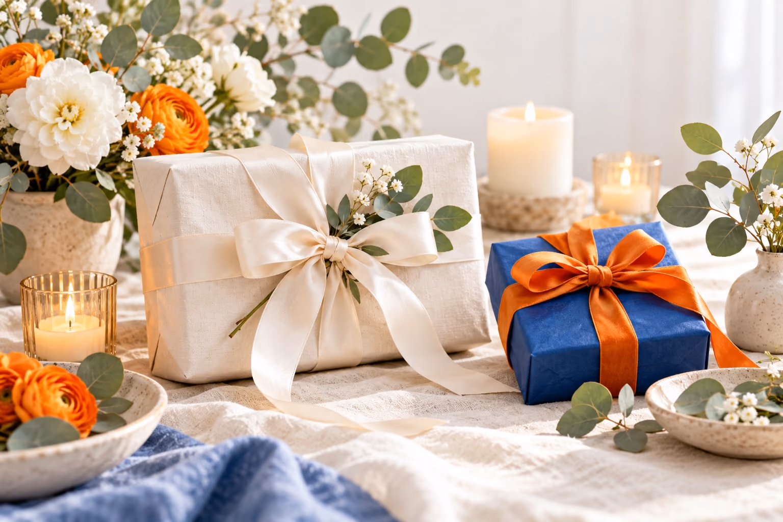 Festlich gedeckter Tisch mit verpackten Geschenken