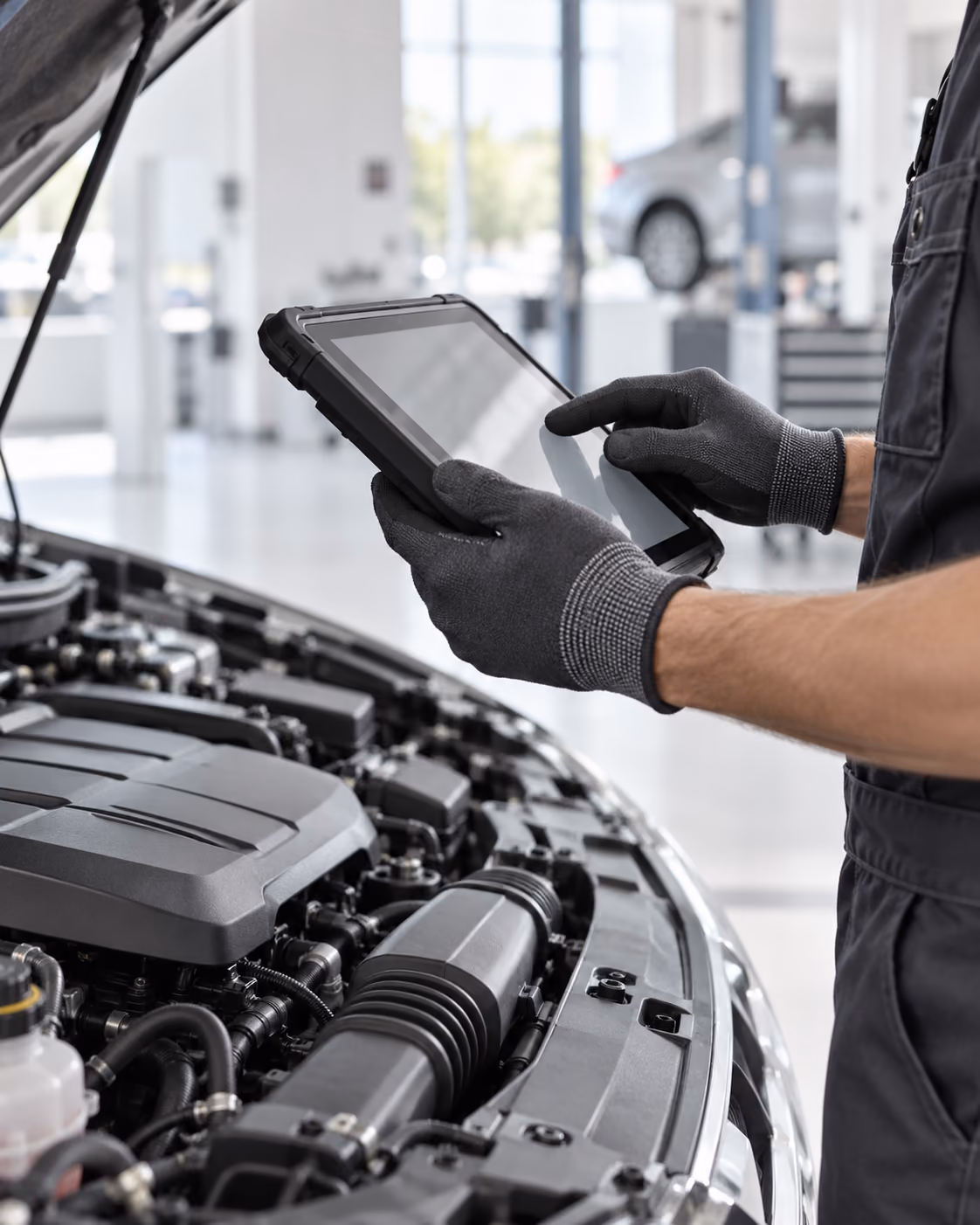 Mechaniker mit Diagnose-Tablet am offenen Motorraum